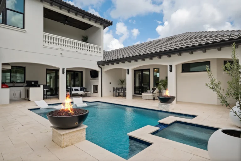 Courtyard pool with fire bowl and arched covered lanai in a Halo Industrial custom home